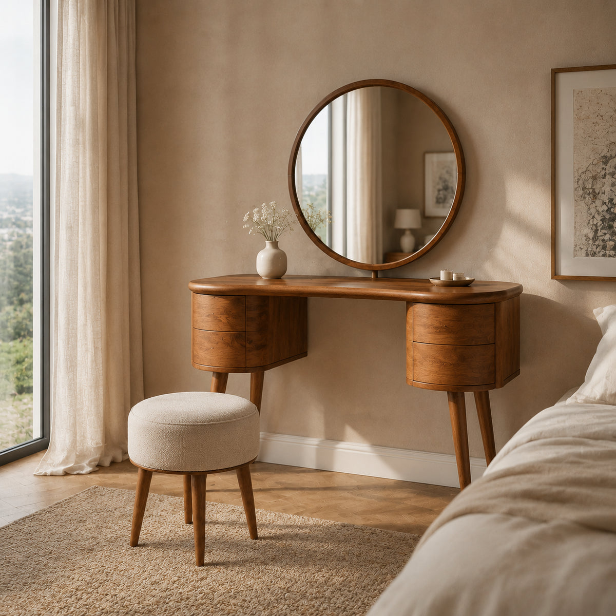 Makeup Vanity with Rounded Cylindrical Drawers in Natural Solid Wood - Rustiracraft