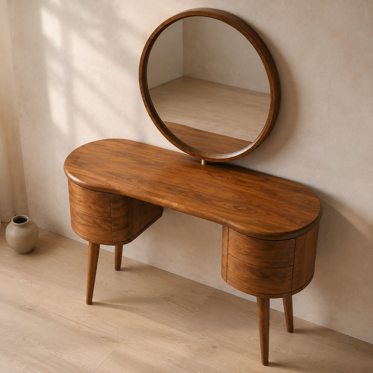Makeup Vanity with Rounded Cylindrical Drawers in Natural Solid Wood - Rustiracraft