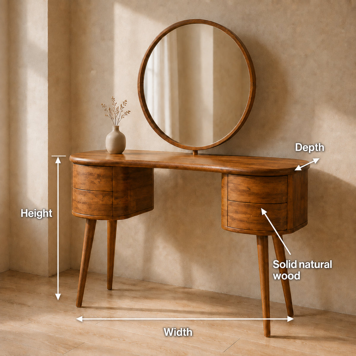 Makeup Vanity with Rounded Cylindrical Drawers in Natural Solid Wood - Rustiracraft