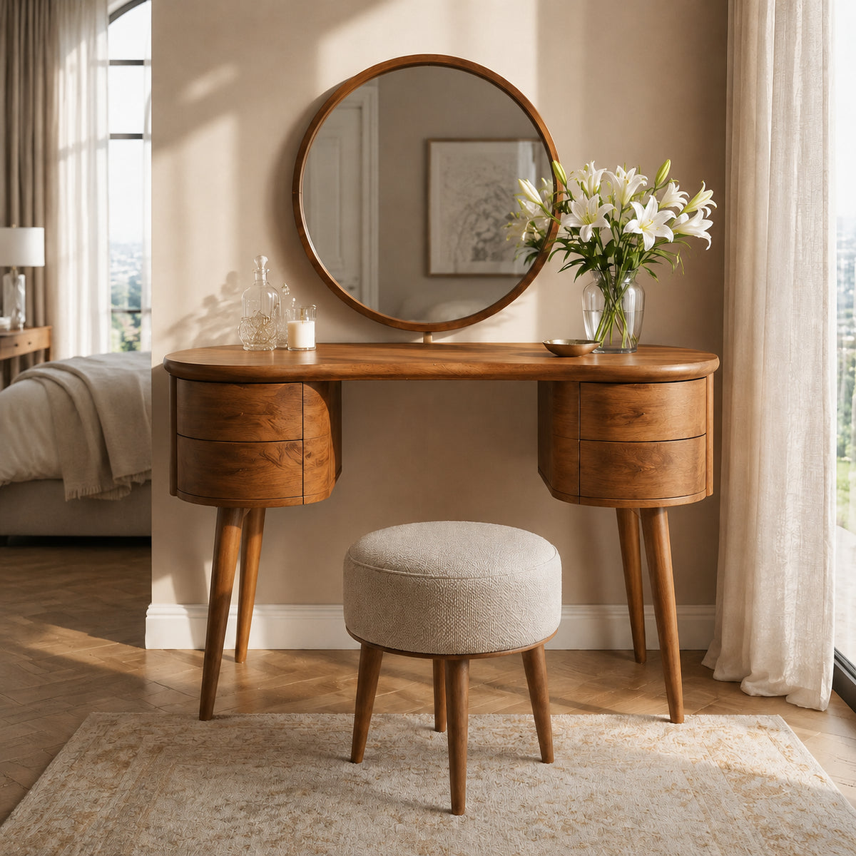 Makeup Vanity with Rounded Cylindrical Drawers in Natural Solid Wood - Rustiracraft