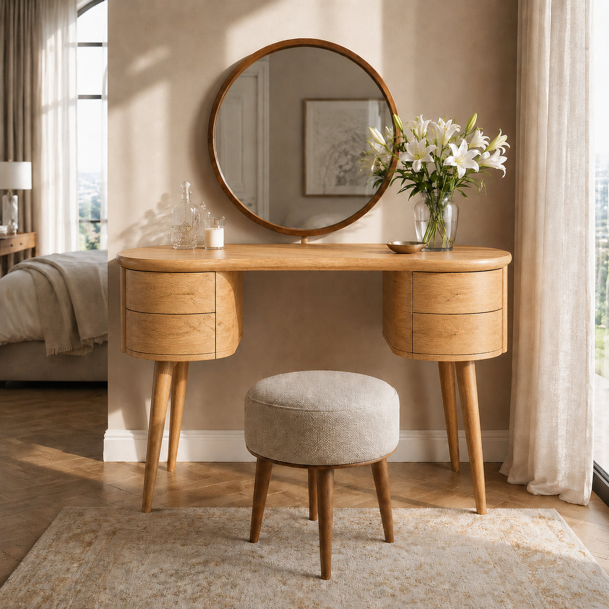 Makeup Vanity with Rounded Cylindrical Drawers in Natural Solid Wood - Rustiracraft