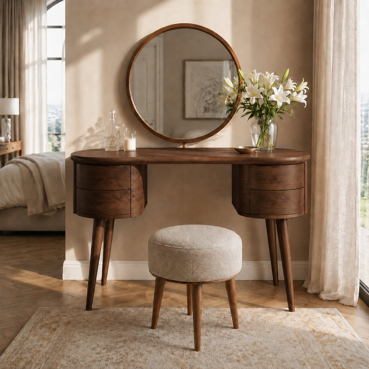 Makeup Vanity with Rounded Cylindrical Drawers in Natural Solid Wood - Rustiracraft