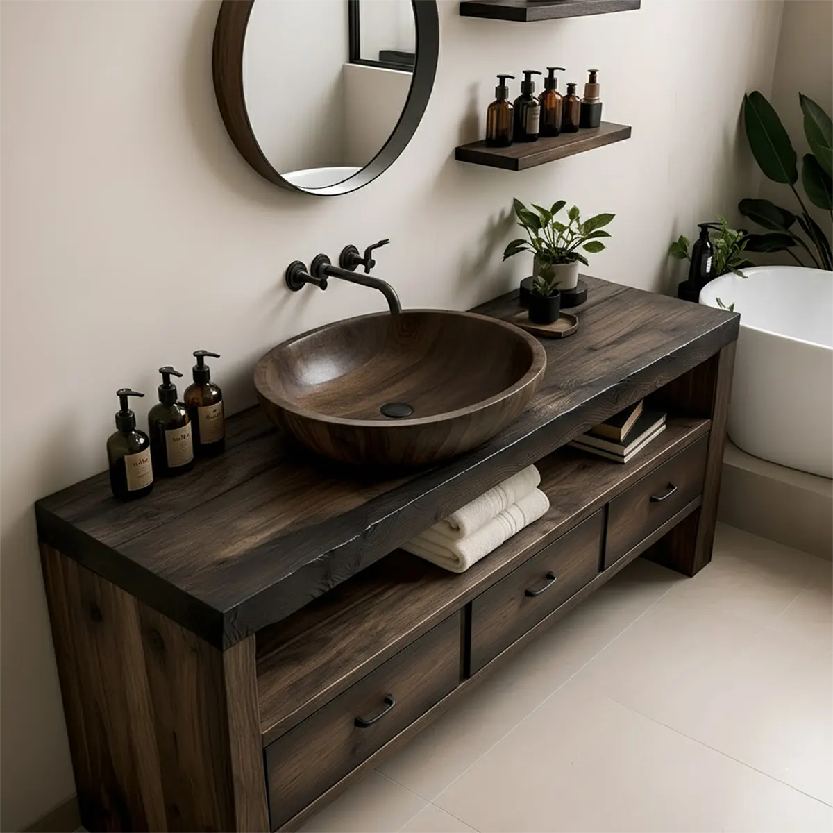Midnight Oak Vanity – Modern Zen Solid Wood Bathroom - Rustiracraft 
