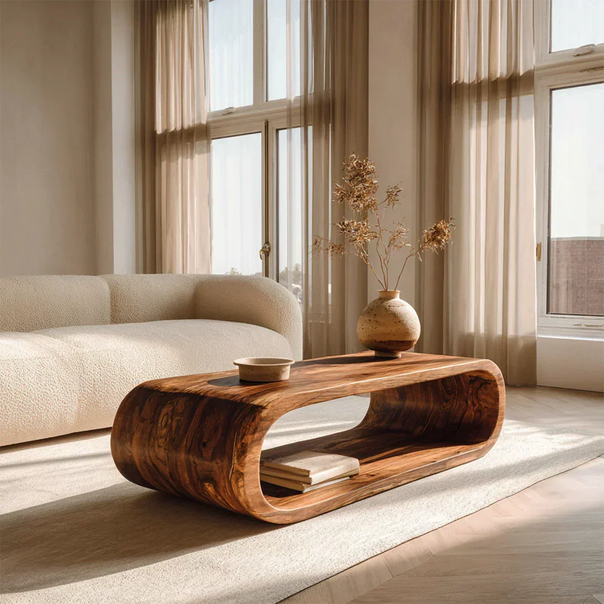 Minimalist Loop Form Natural Solid Wood Coffee Table with Open Base - Rustiracraft 