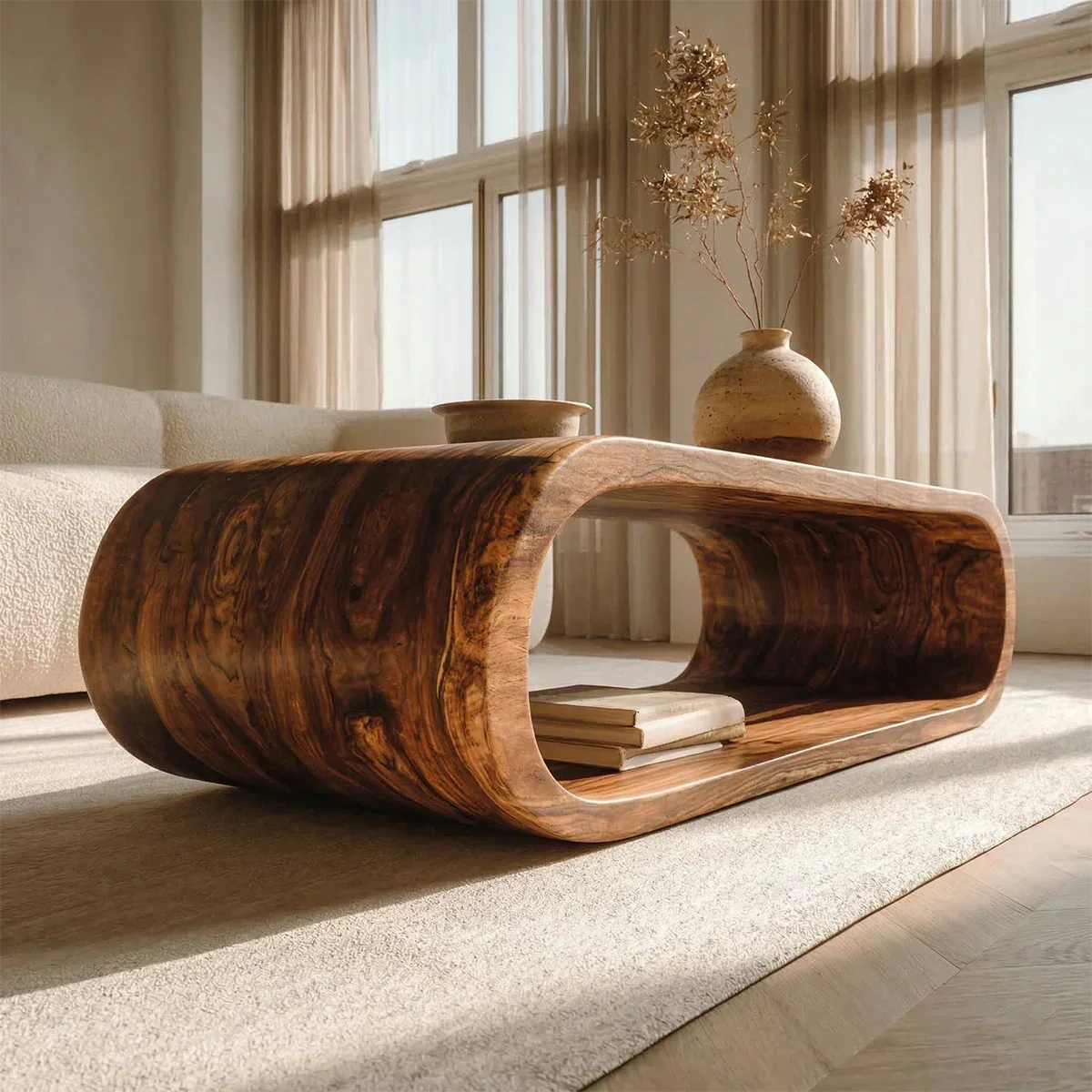 Minimalist Loop Form Natural Solid Wood Coffee Table with Open Base - Rustiracraft 