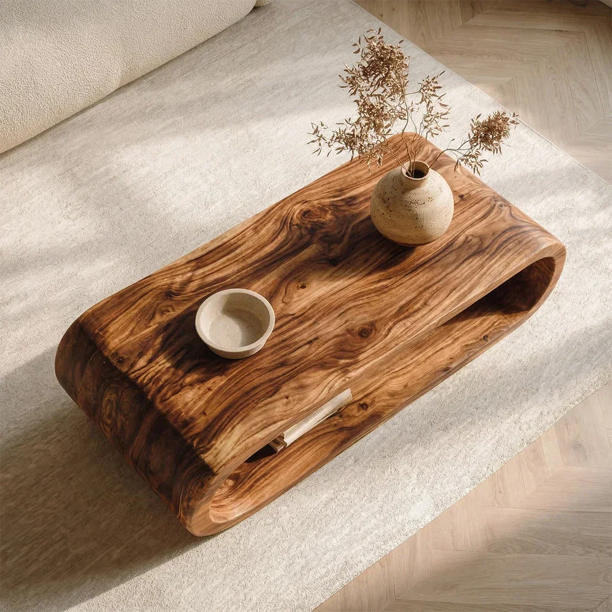 Minimalist Loop Form Natural Solid Wood Coffee Table with Open Base - Rustiracraft 