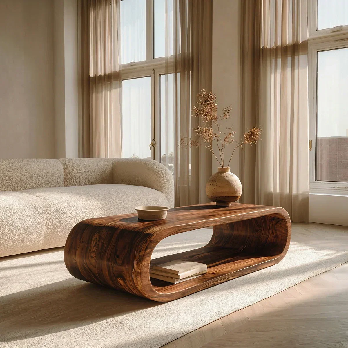 Minimalist Loop Form Natural Solid Wood Coffee Table with Open Base - Rustiracraft 