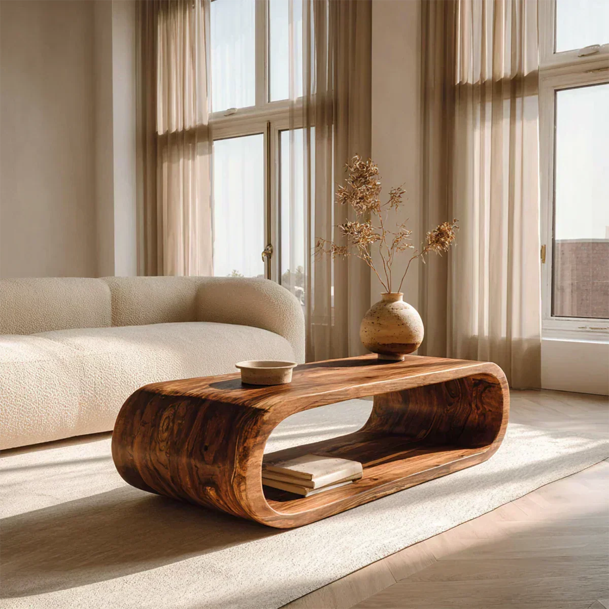 Minimalist Loop Form Natural Solid Wood Coffee Table with Open Base - Rustiracraft