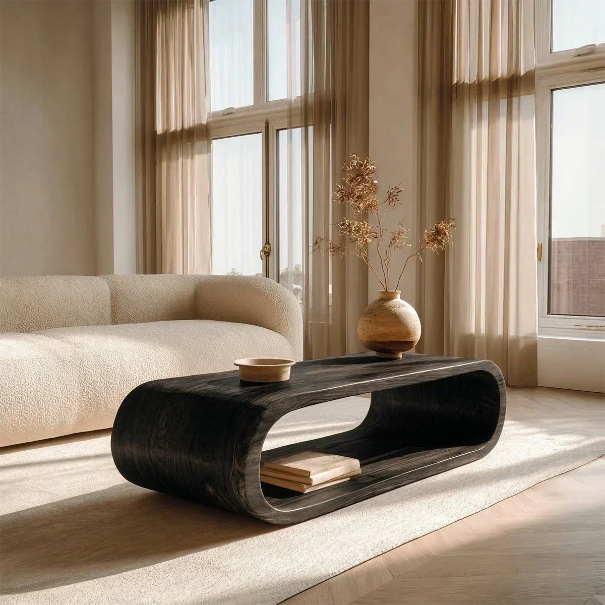 Minimalist Loop Form Natural Solid Wood Coffee Table with Open Base - Rustiracraft