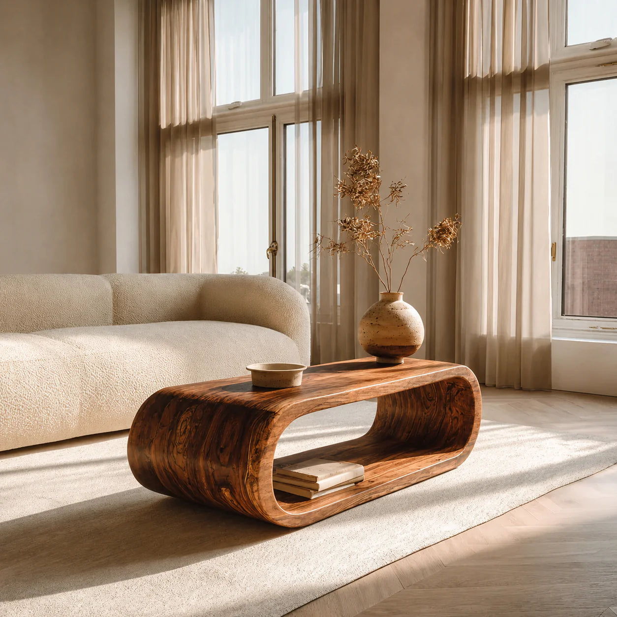 Minimalist Loop Form Natural Solid Wood Coffee Table with Open Base - Rustiracraft