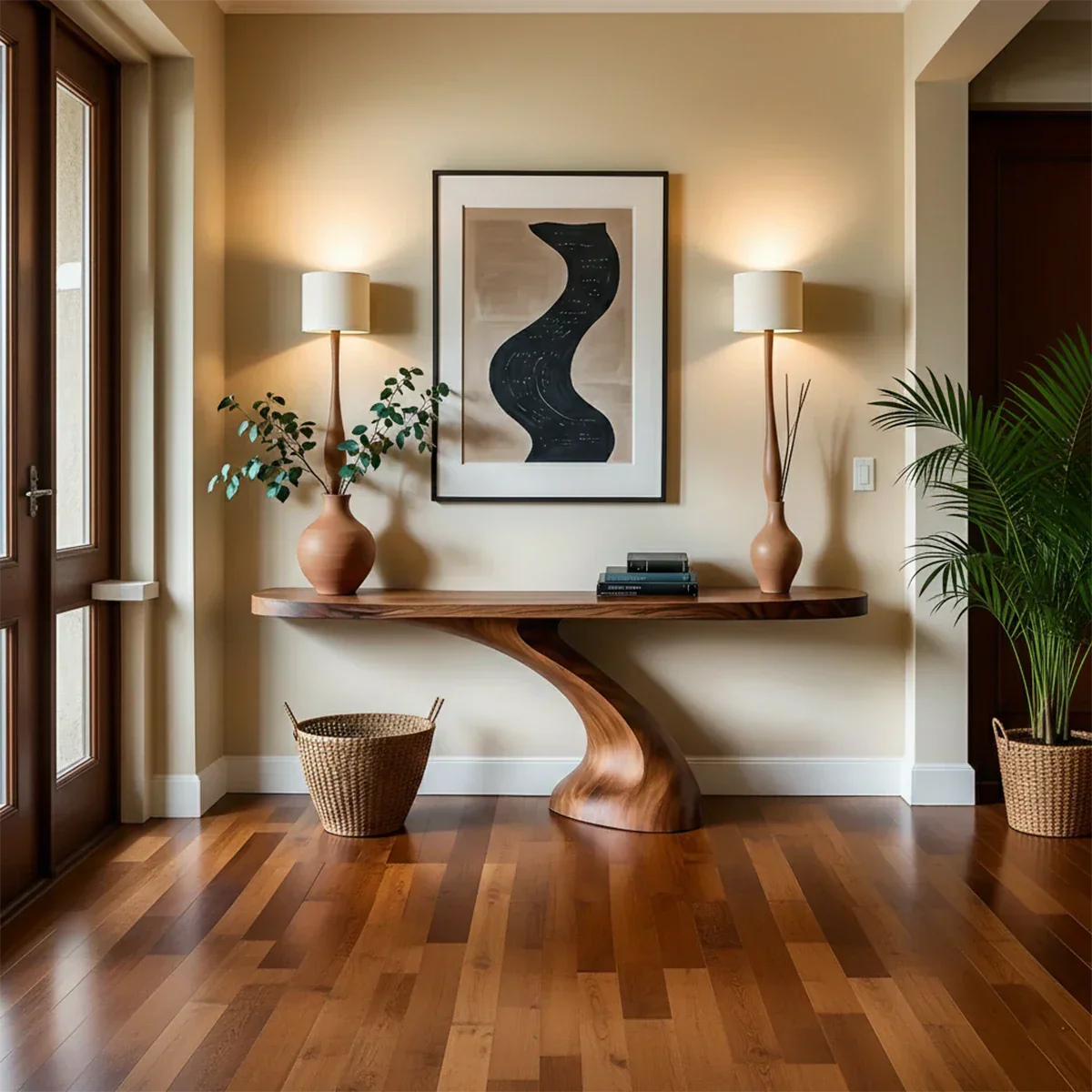 Minimalist Sculptural Console Table in Natural Solid Wood for Entryway - Rustiracraft