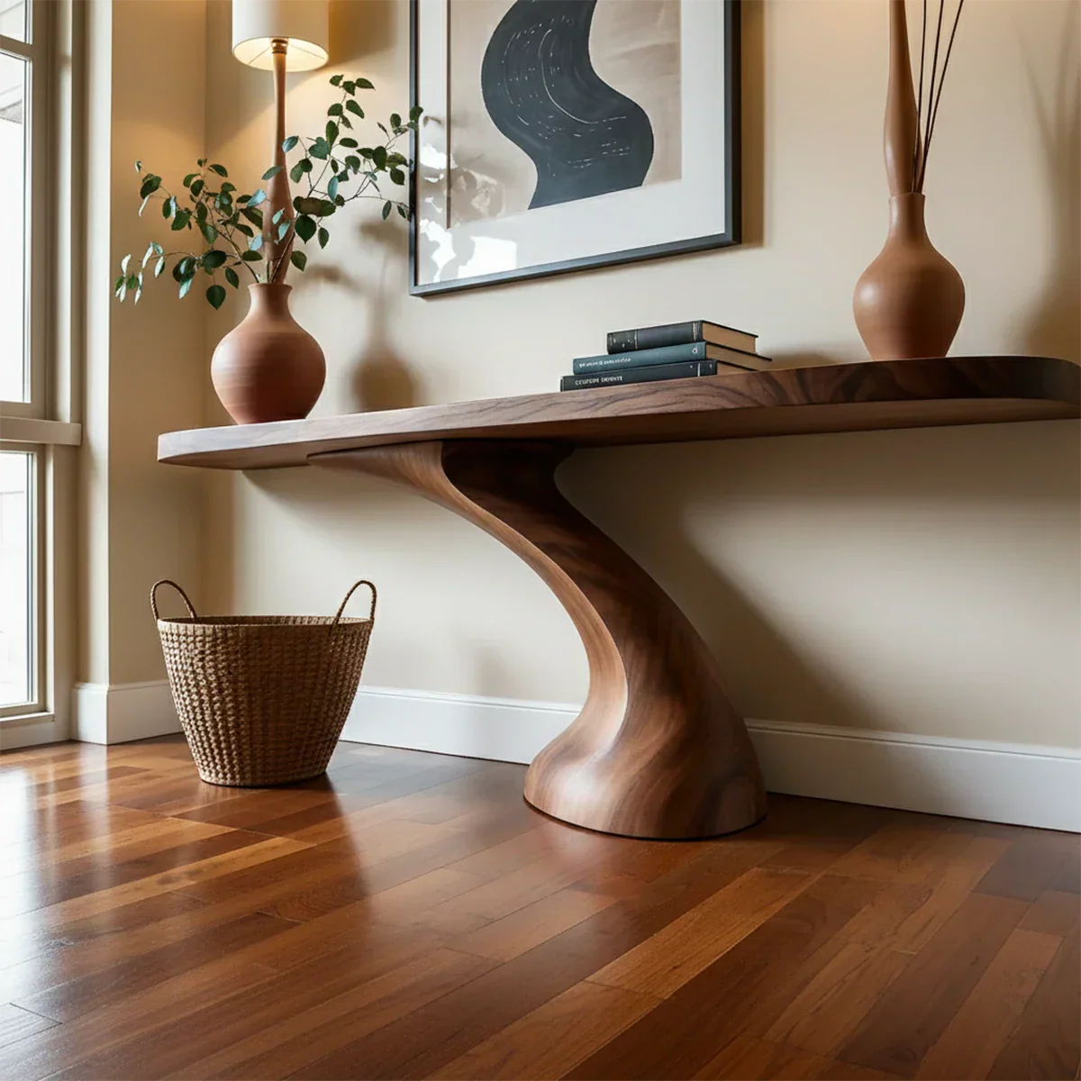 Minimalist Sculptural Console Table in Natural Solid Wood for Entryway - Rustiracraft