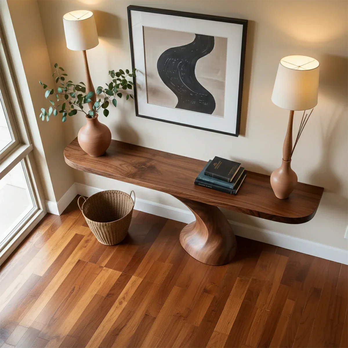 Minimalist Sculptural Console Table in Natural Solid Wood for Entryway - Rustiracraft