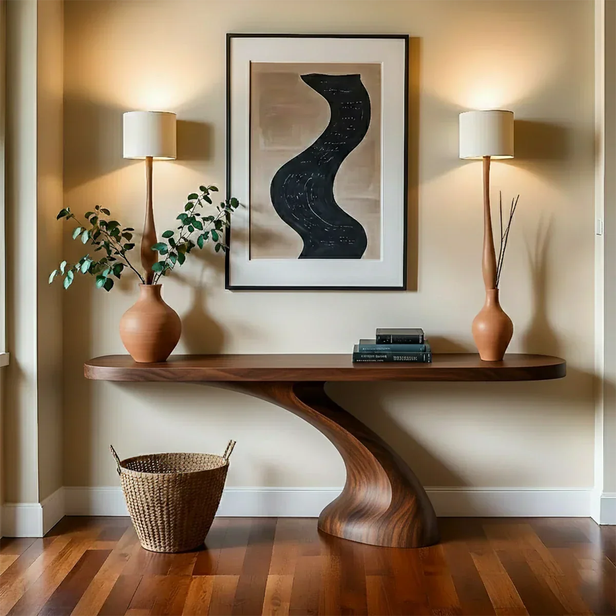 Minimalist Sculptural Console Table in Natural Solid Wood for Entryway - Rustiracraft