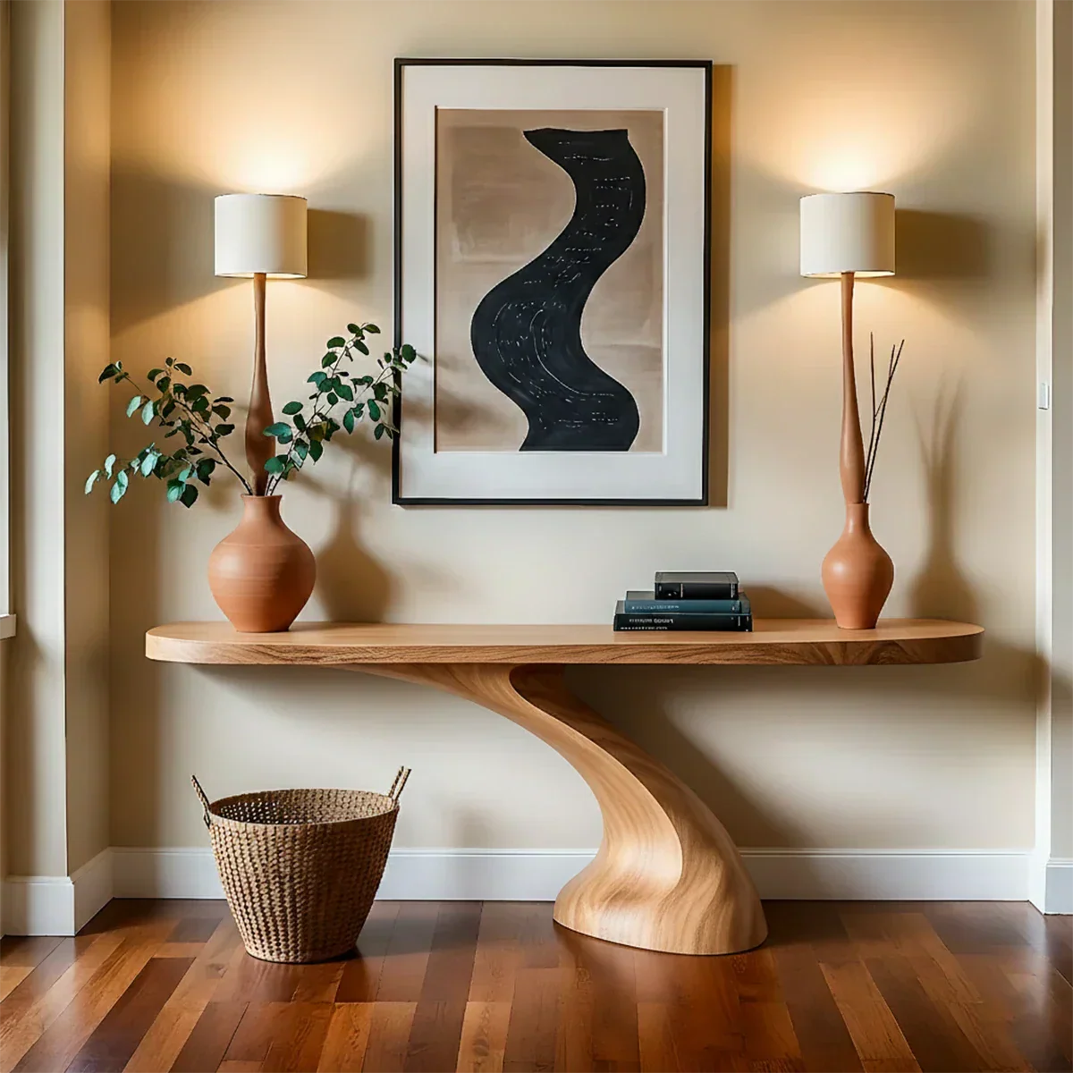 Minimalist Sculptural Console Table in Natural Solid Wood for Entryway - Rustiracraft
