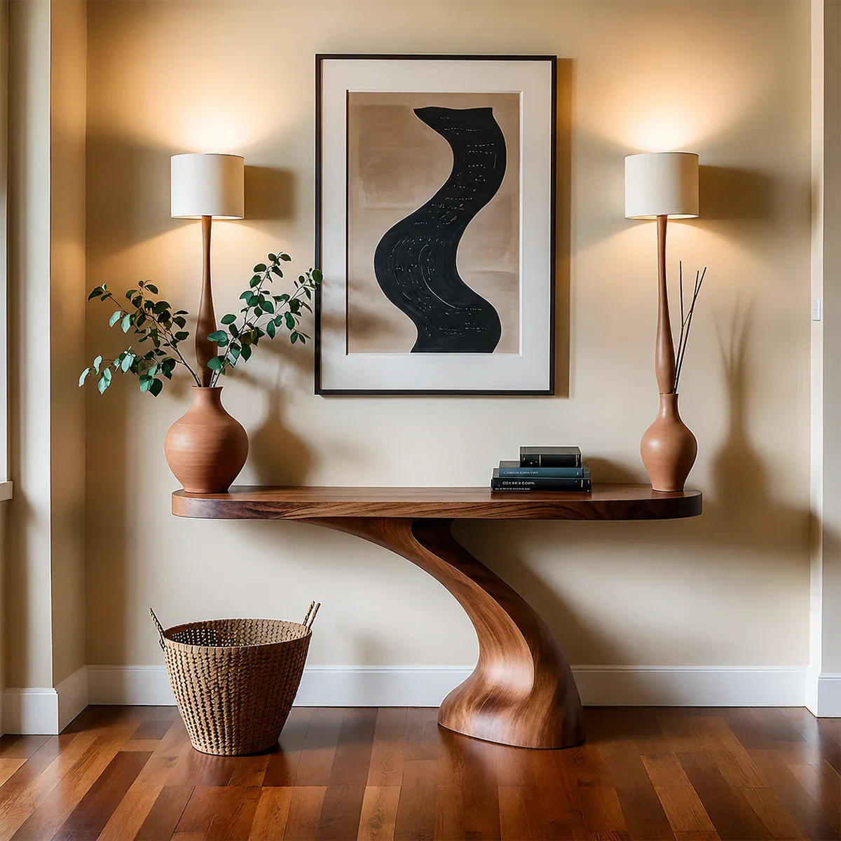 Minimalist Sculptural Console Table in Natural Solid Wood for Entryway - Rustiracraft
