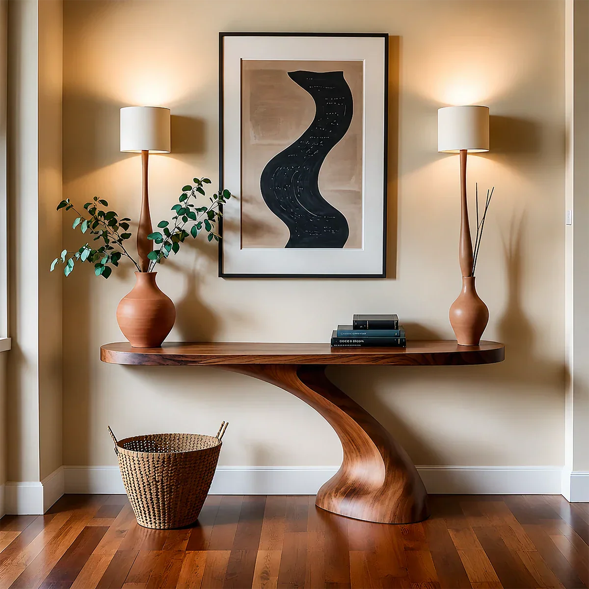 Minimalist Sculptural Console Table in Natural Solid Wood for Entryway - Rustiracraft