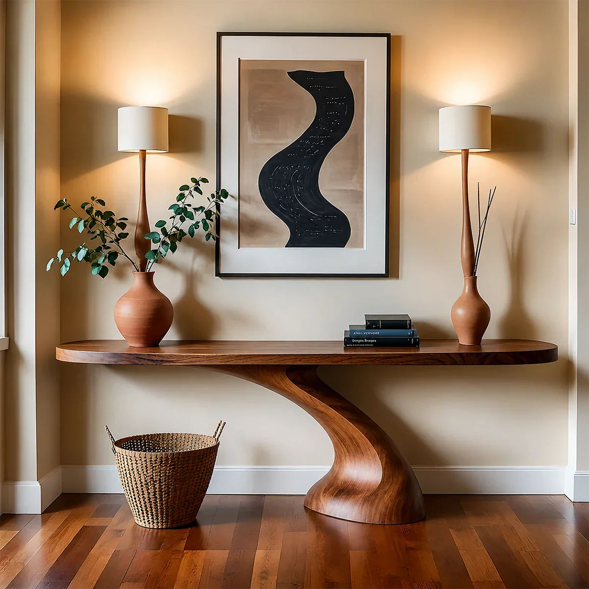 Minimalist Sculptural Console Table in Natural Solid Wood for Entryway - Rustiracraft
