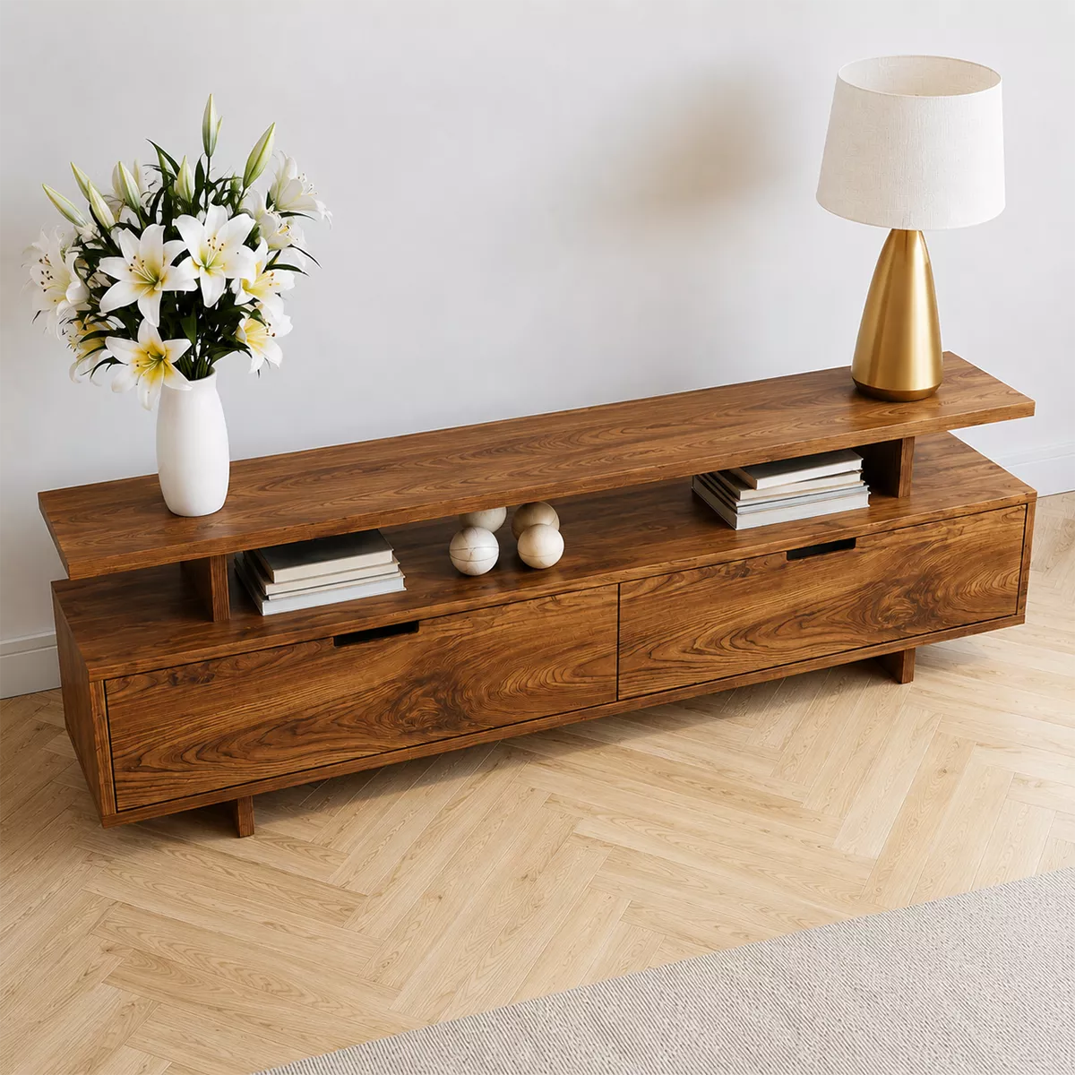 Minimalist TV Stand with Two Storage Drawers and an Open Display Shelf - Rustiracraft