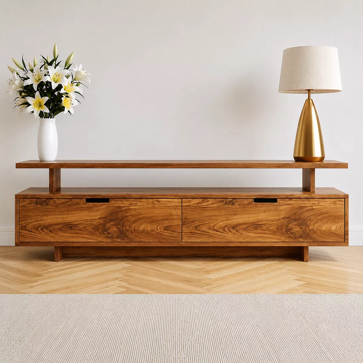 Minimalist TV Stand with Two Storage Drawers and an Open Display Shelf - Rustiracraft