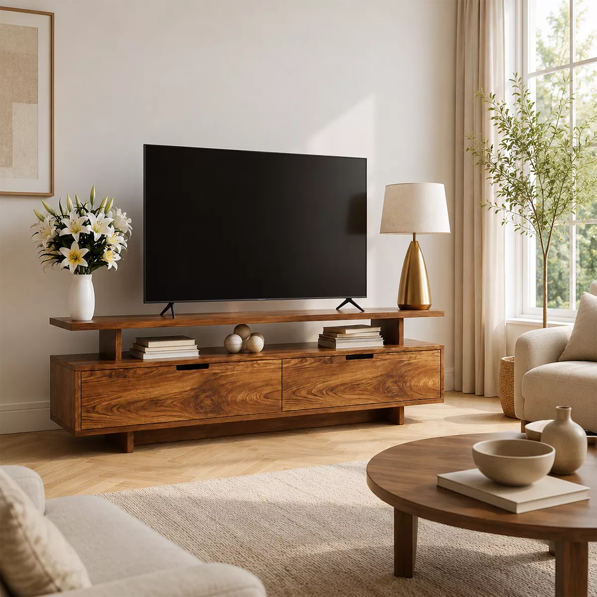 Minimalist TV Stand with Two Storage Drawers and an Open Display Shelf - Rustiracraft