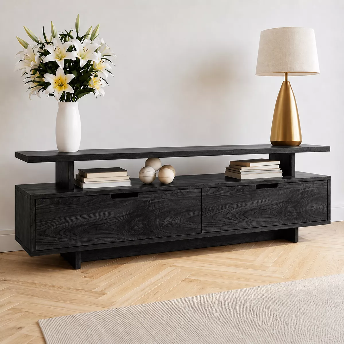 Minimalist TV Stand with Two Storage Drawers and an Open Display Shelf - Rustiracraft