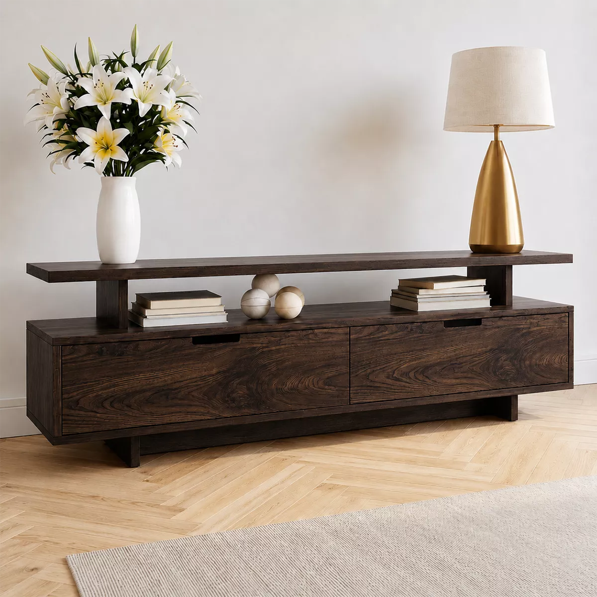 Minimalist TV Stand with Two Storage Drawers and an Open Display Shelf - Rustiracraft