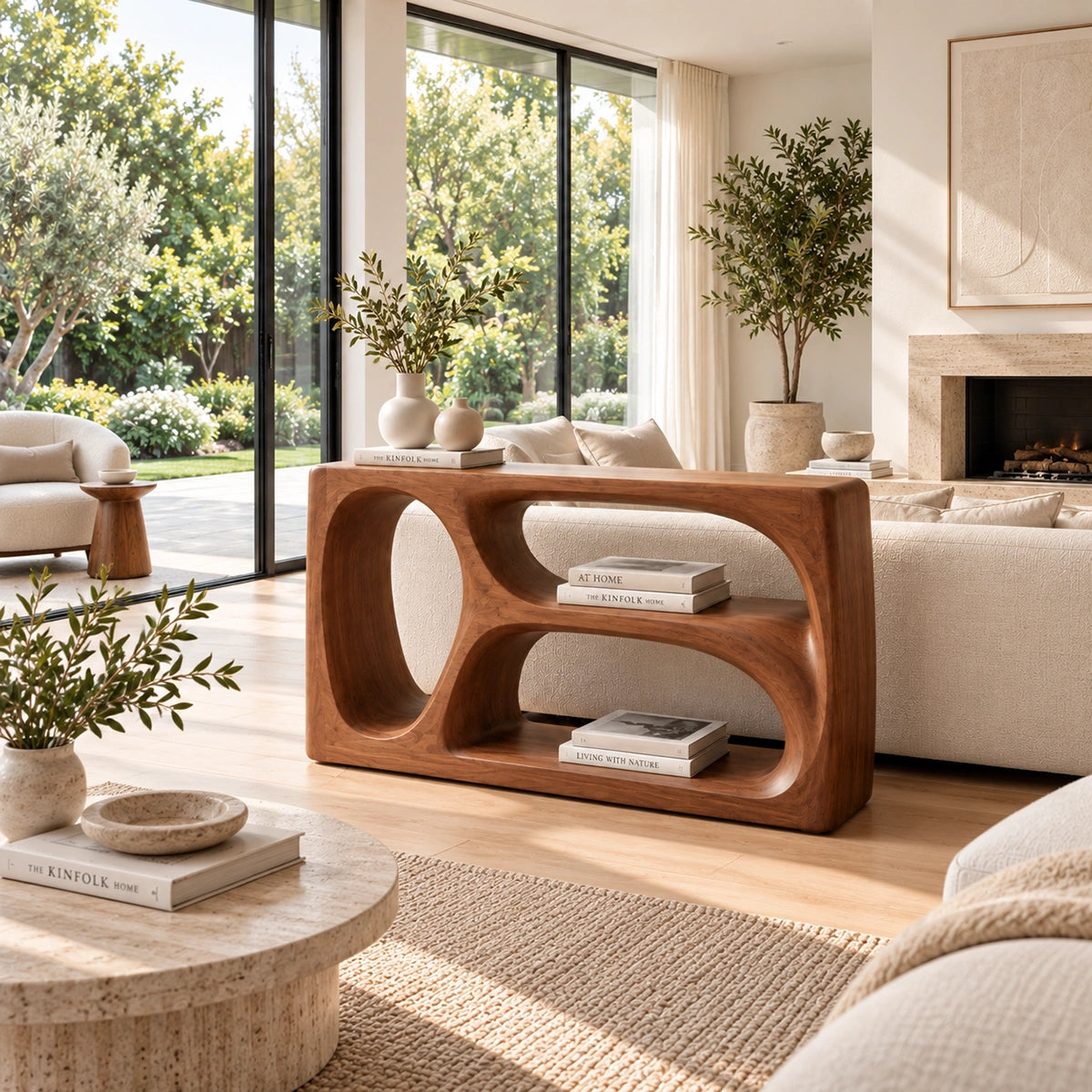 Modern Console Table with Biomorphic Oval Openings in Natural Solid Wood - Rustiracraft