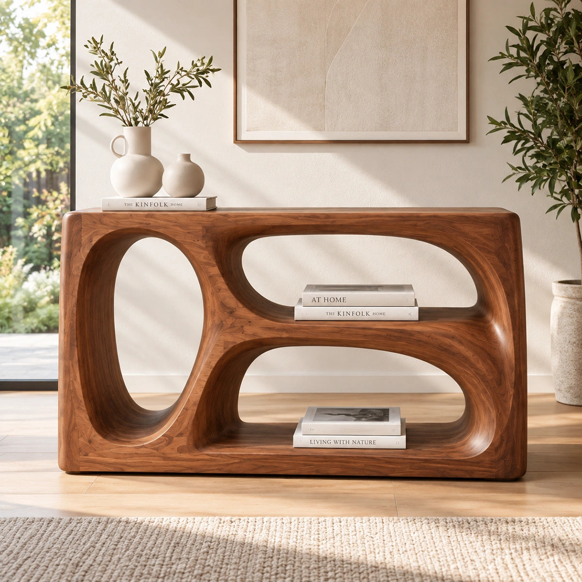 Modern Console Table with Biomorphic Oval Openings in Natural Solid Wood - Rustiracraft