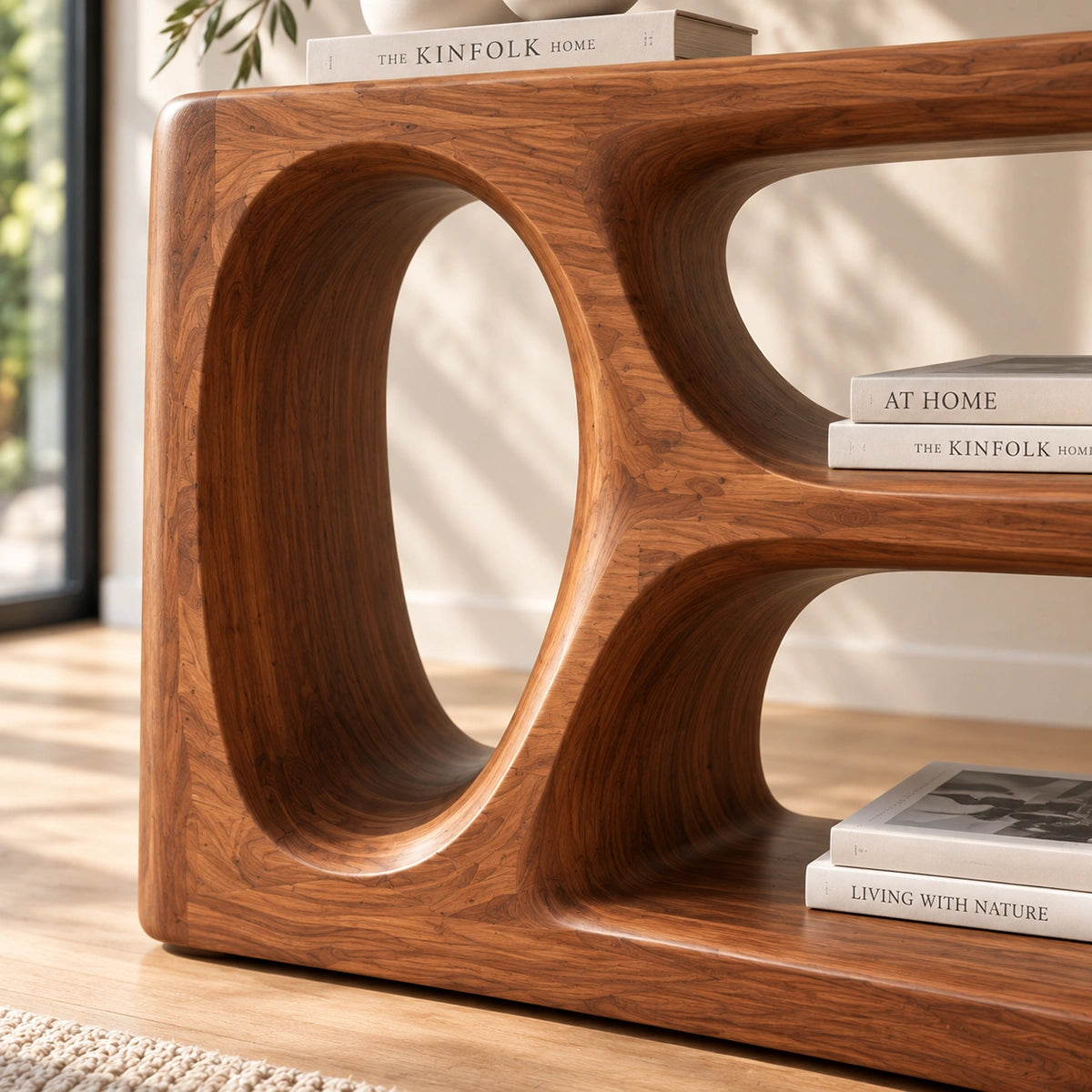 Modern Console Table with Biomorphic Oval Openings in Natural Solid Wood - Rustiracraft