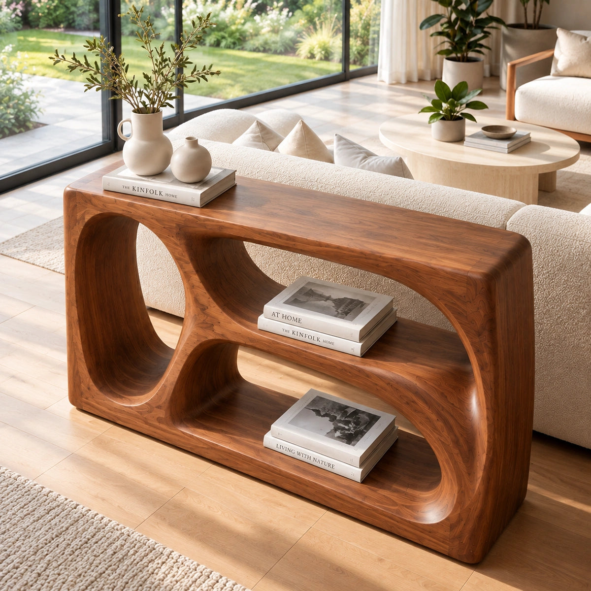 Modern Console Table with Biomorphic Oval Openings in Natural Solid Wood - Rustiracraft