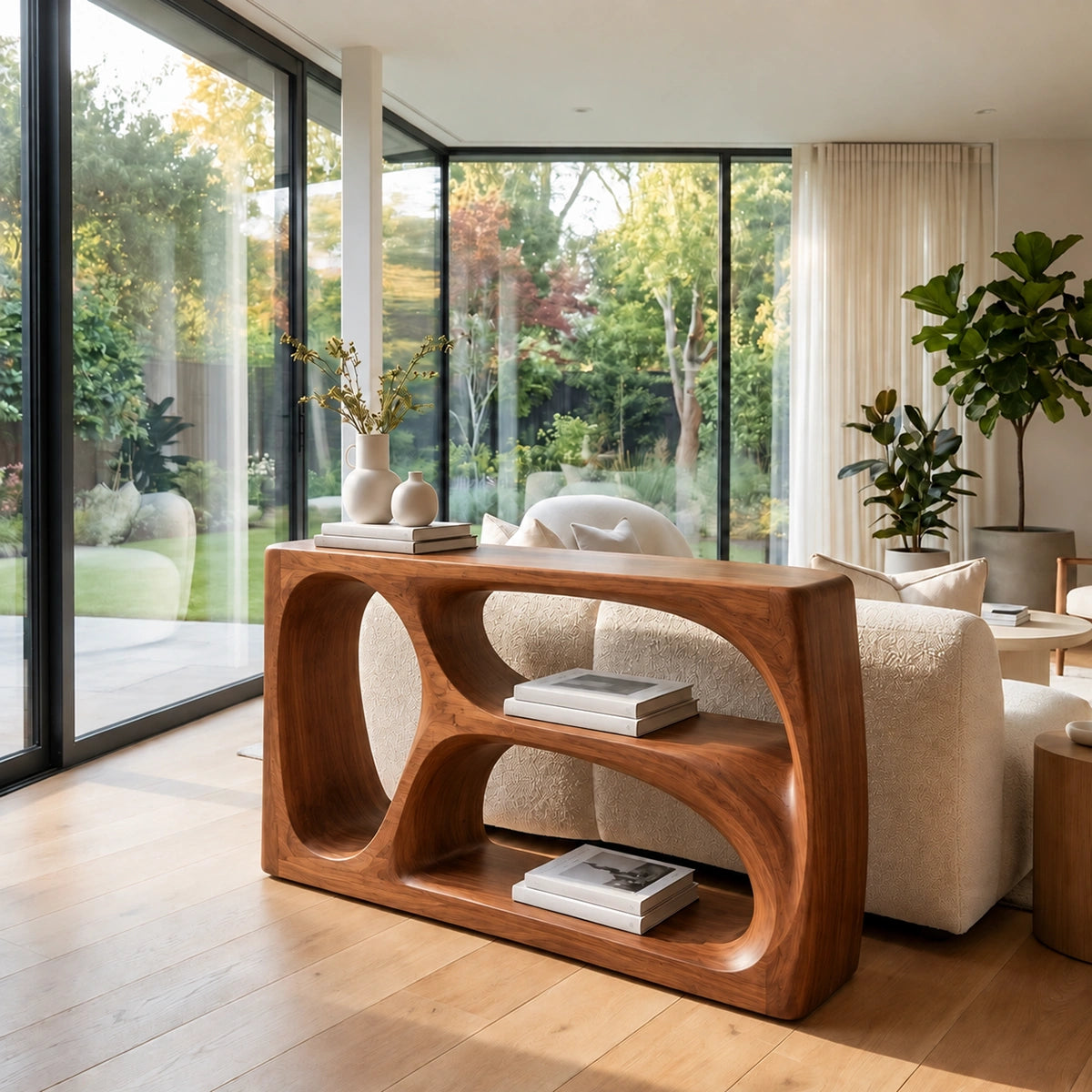 Modern Console Table with Biomorphic Oval Openings in Natural Solid Wood - Rustiracraft