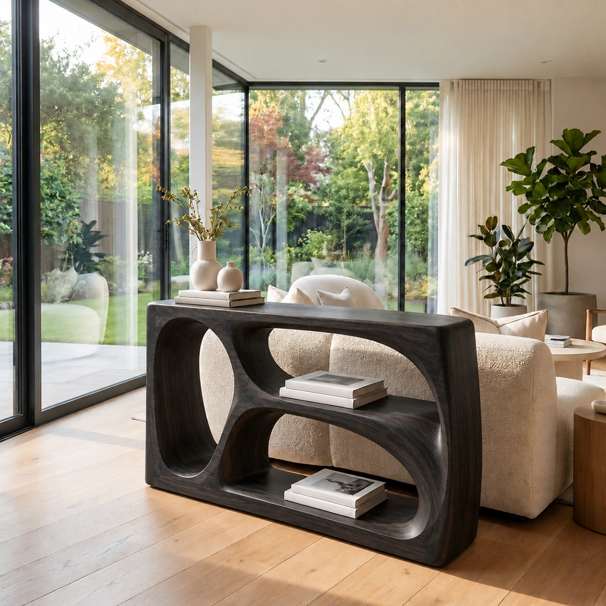 Modern Console Table with Biomorphic Oval Openings in Natural Solid Wood - Rustiracraft