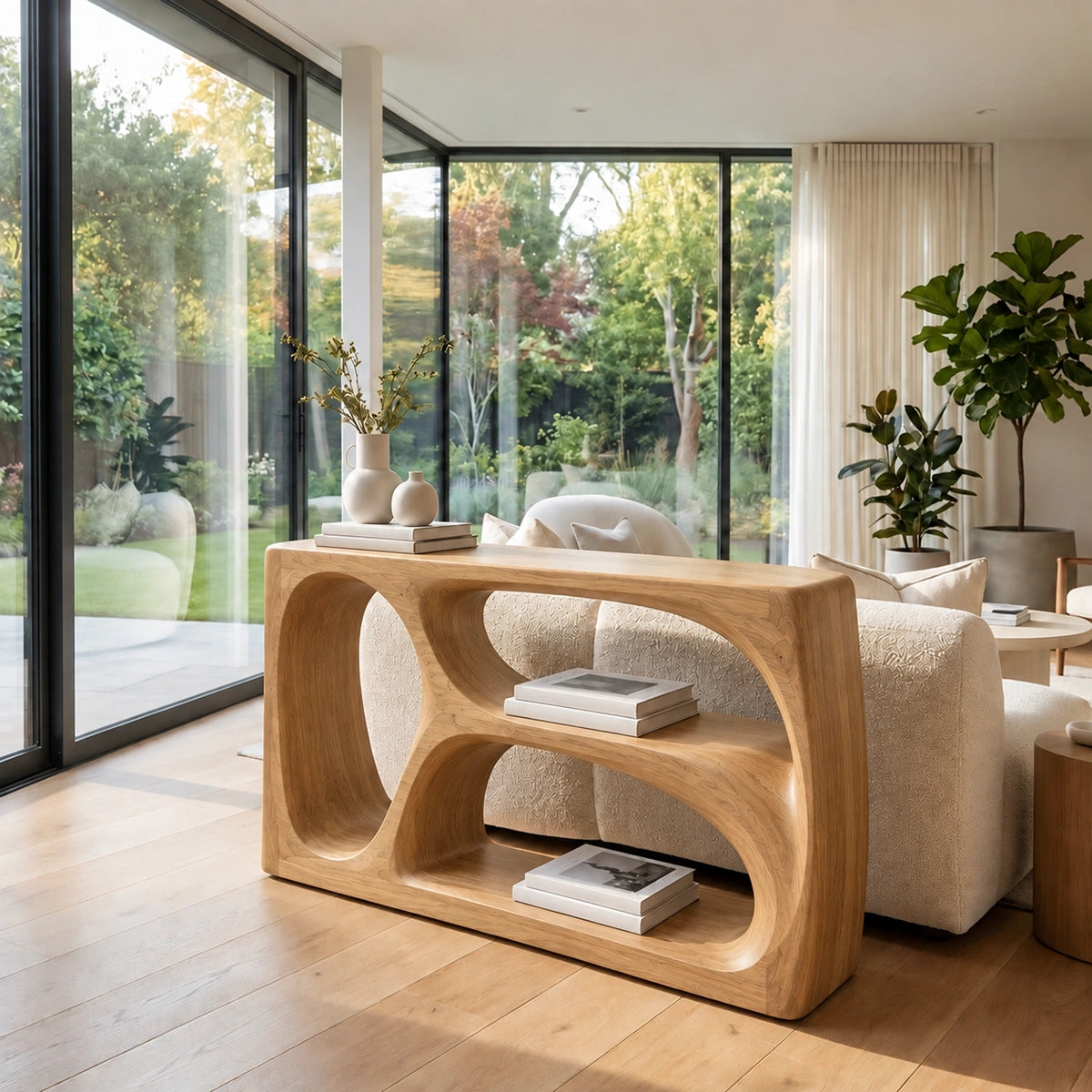 Modern Console Table with Biomorphic Oval Openings in Natural Solid Wood - Rustiracraft