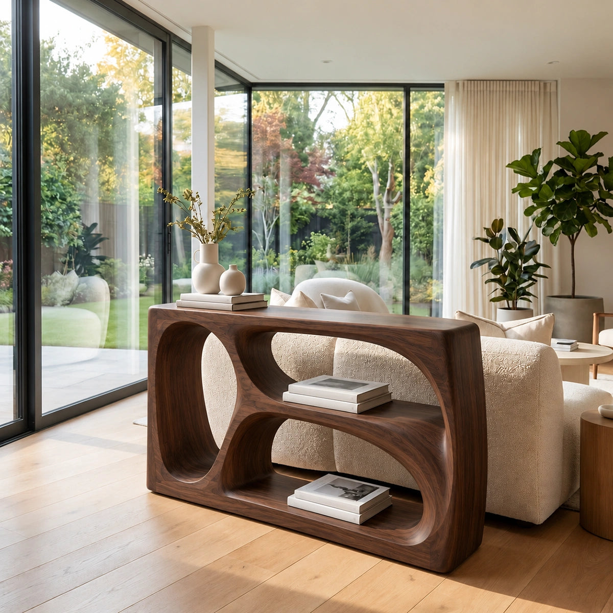 Modern Console Table with Biomorphic Oval Openings in Natural Solid Wood - Rustiracraft
