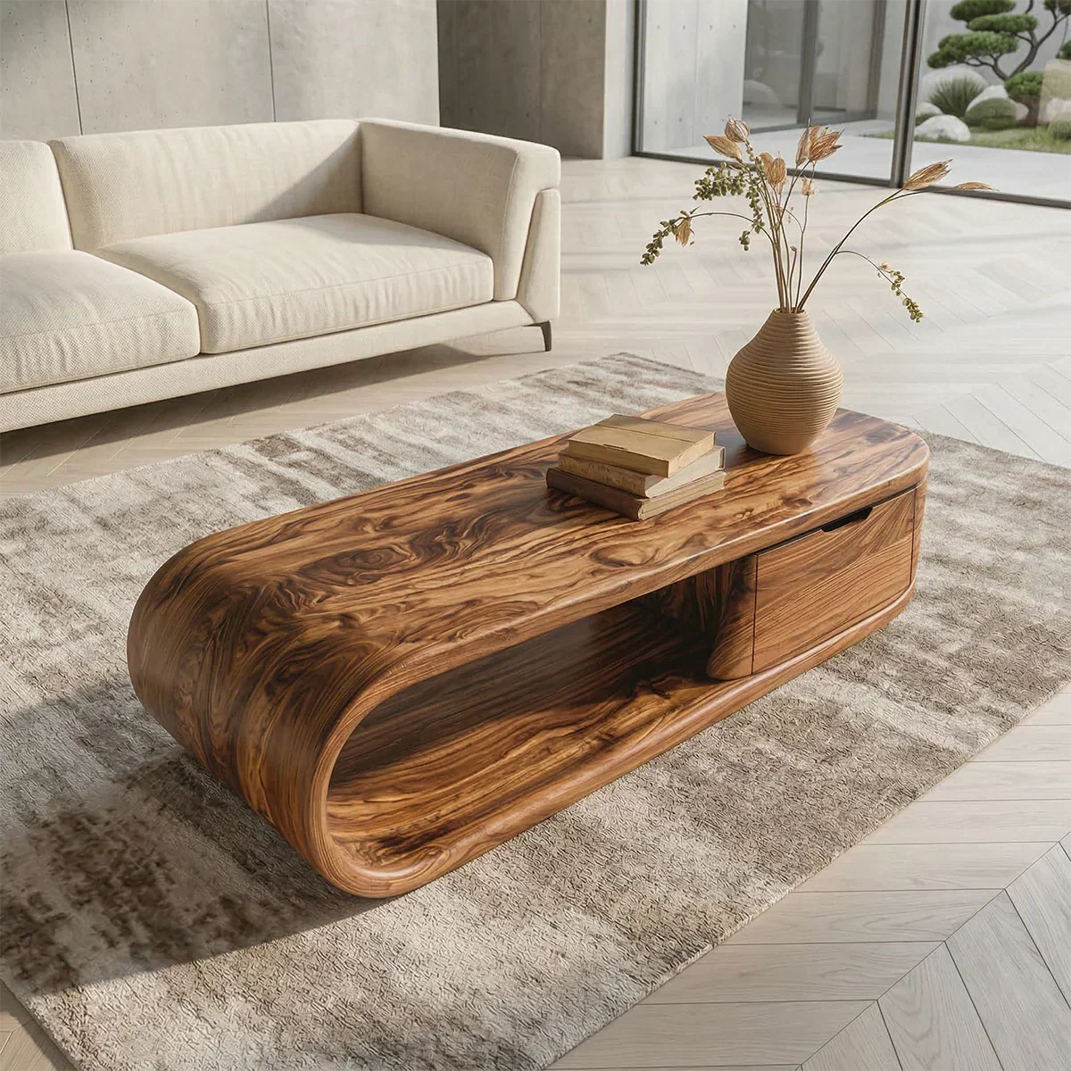 Modern Curved Natural Solid Wood Coffee Table with Drawer Storage - Rustiracraft 