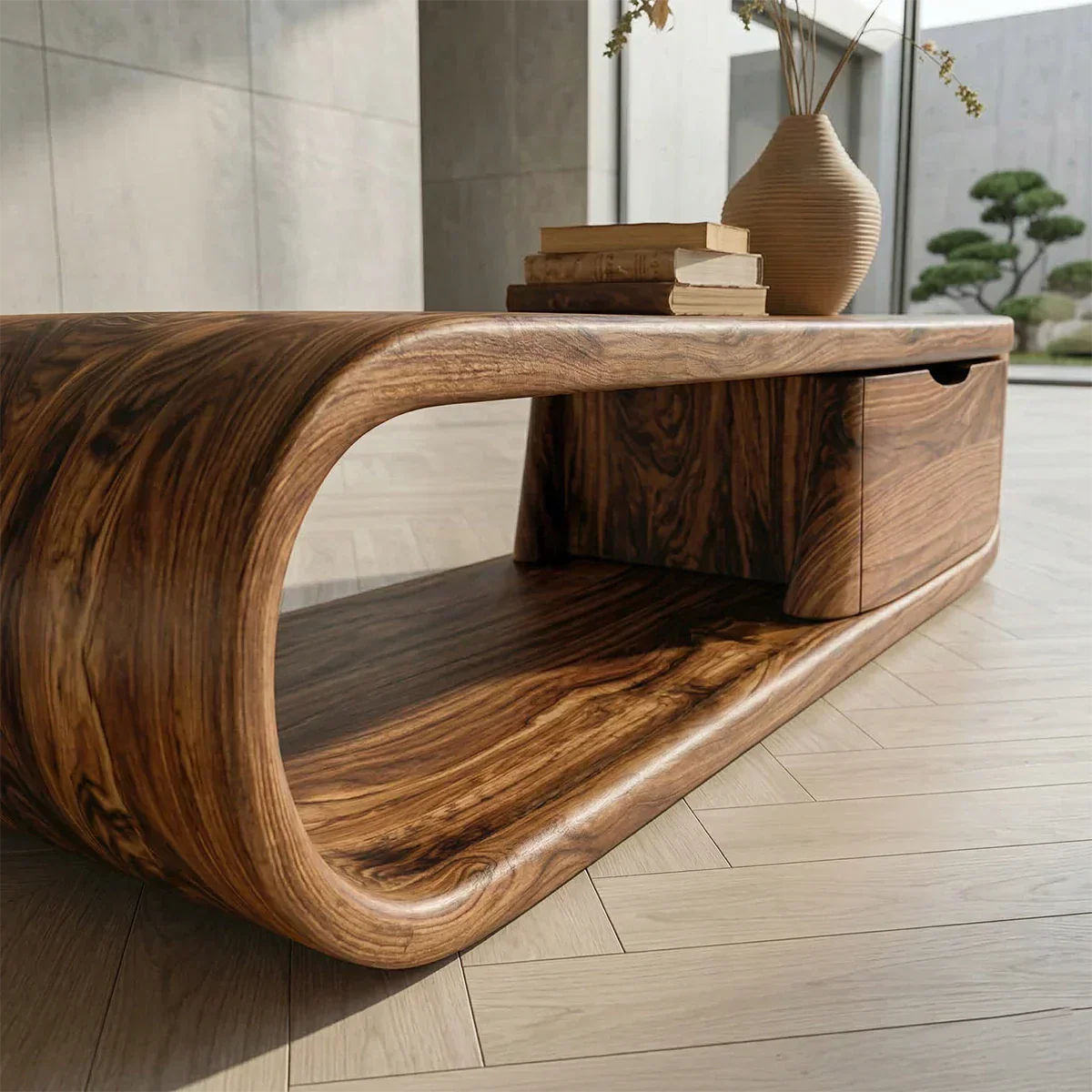 Modern Curved Natural Solid Wood Coffee Table with Drawer Storage - Rustiracraft 