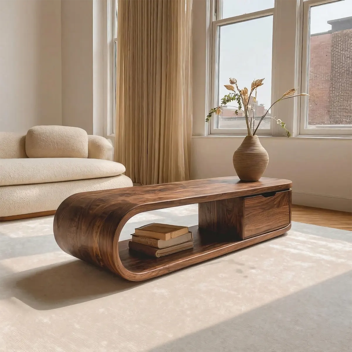 Modern Curved Natural Solid Wood Coffee Table with Drawer Storage - Rustiracraft 