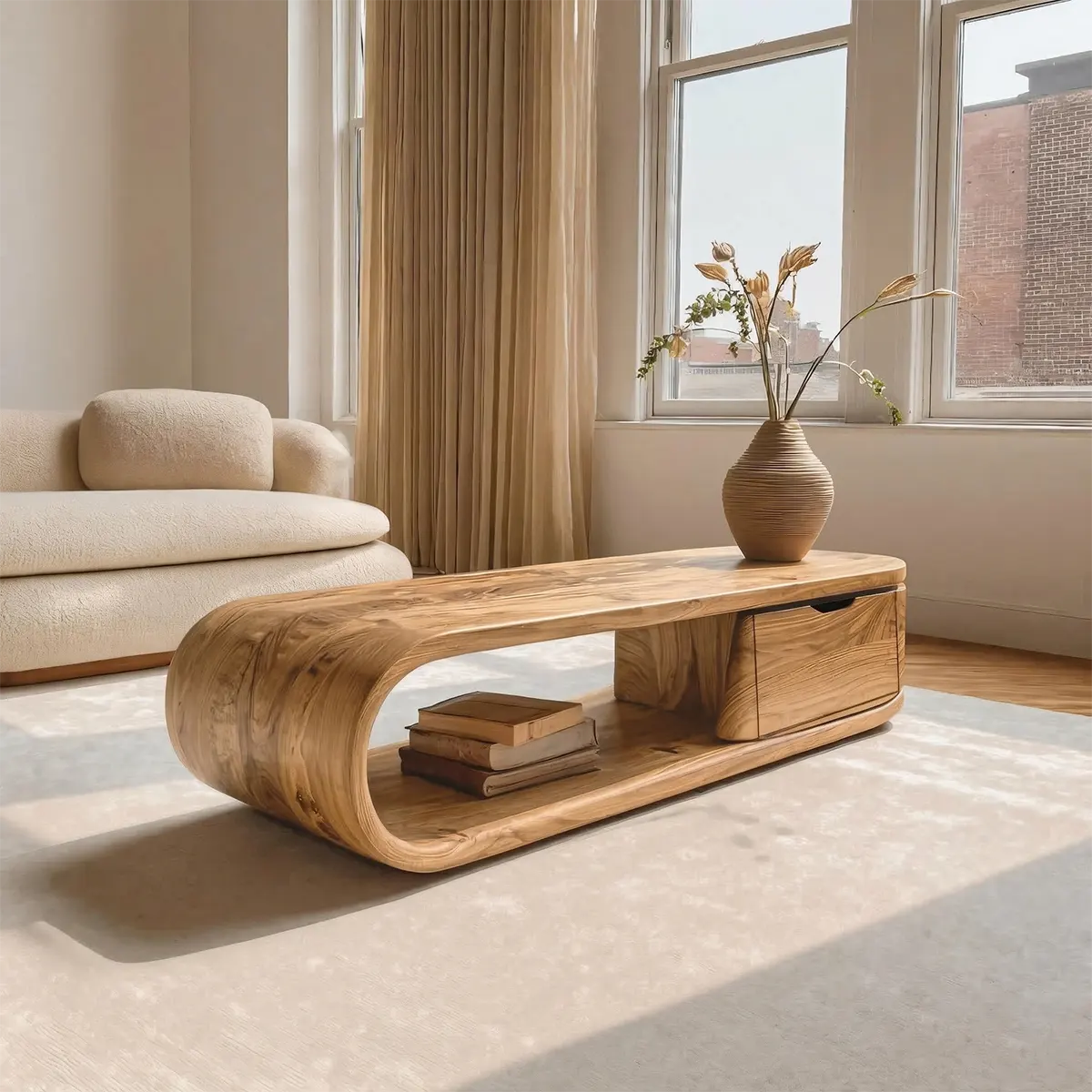 Modern Curved Natural Solid Wood Coffee Table with Drawer Storage - Rustiracraft 