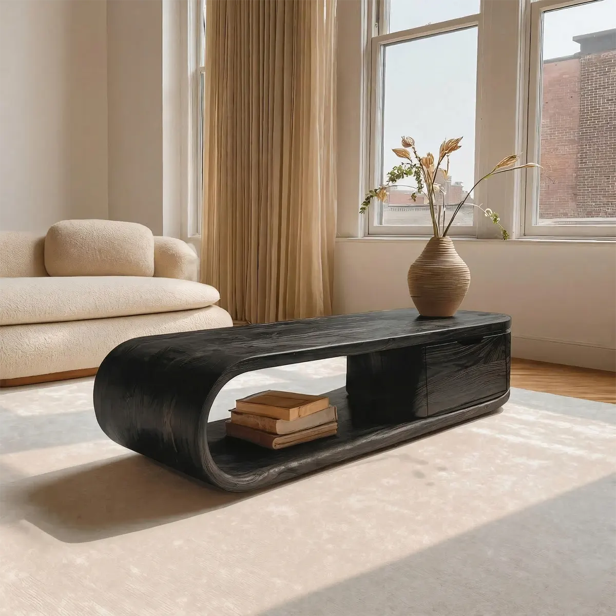 Modern Curved Natural Solid Wood Coffee Table with Drawer Storage - Rustiracraft 