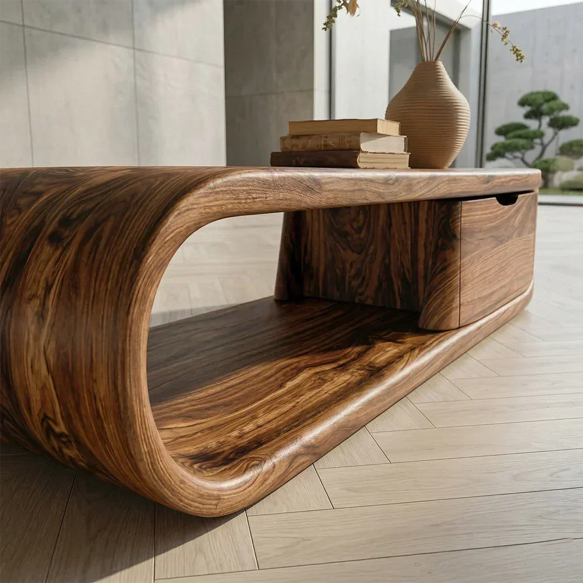 Modern Curved Natural Solid Wood Coffee Table with Drawer Storage - Rustiracraft