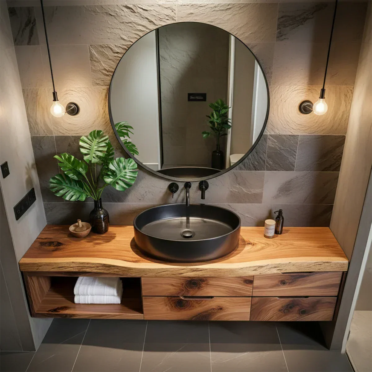 Modern Floating Natural Solid Wood Bathroom Vanity - Rustiracraft 