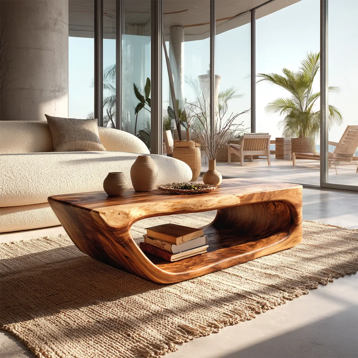 Modern Hollow Form Natural Solid Wood Coffee Table with Open Shelf - Rustiracraft 
