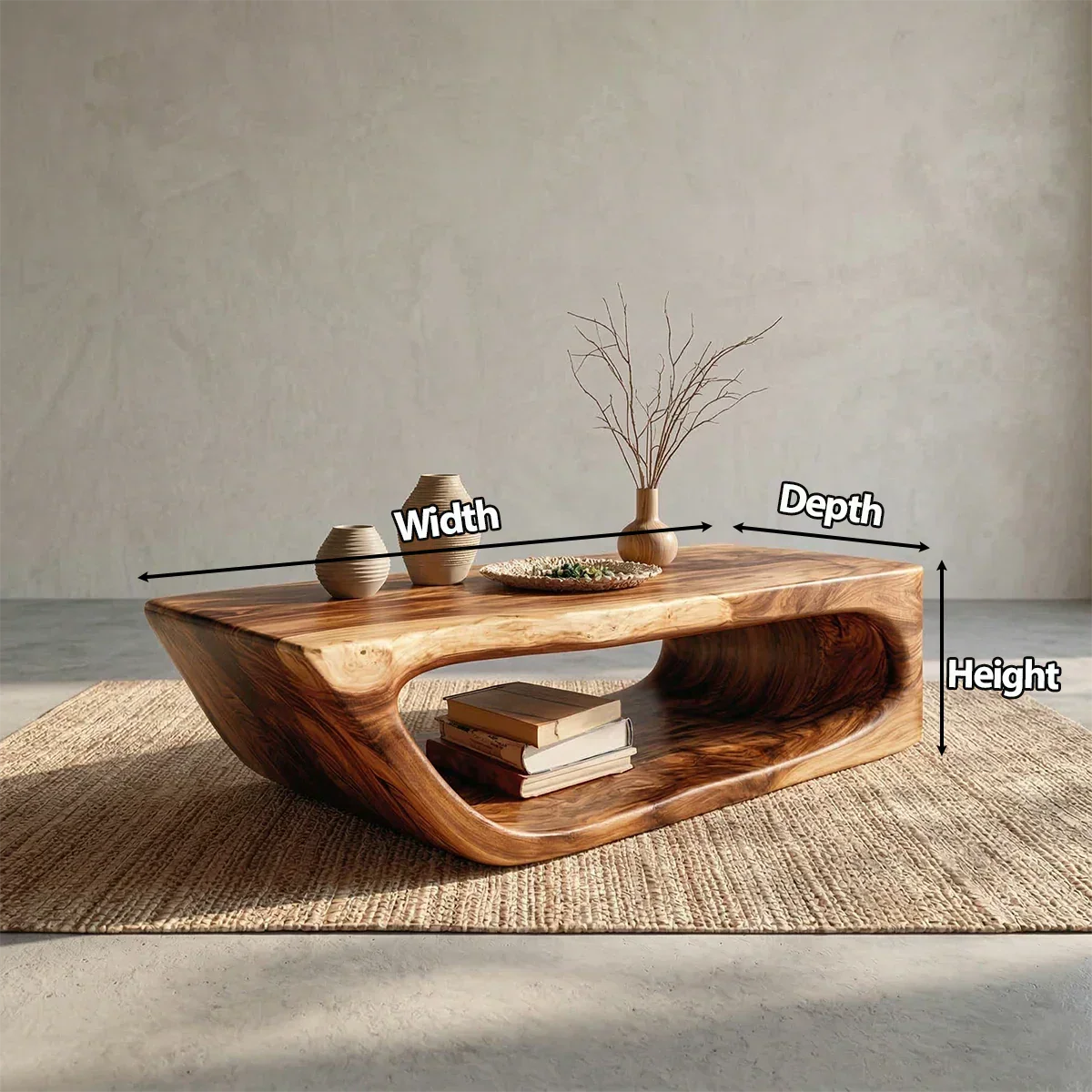 Modern Hollow Form Natural Solid Wood Coffee Table with Open Shelf - Rustiracraft 