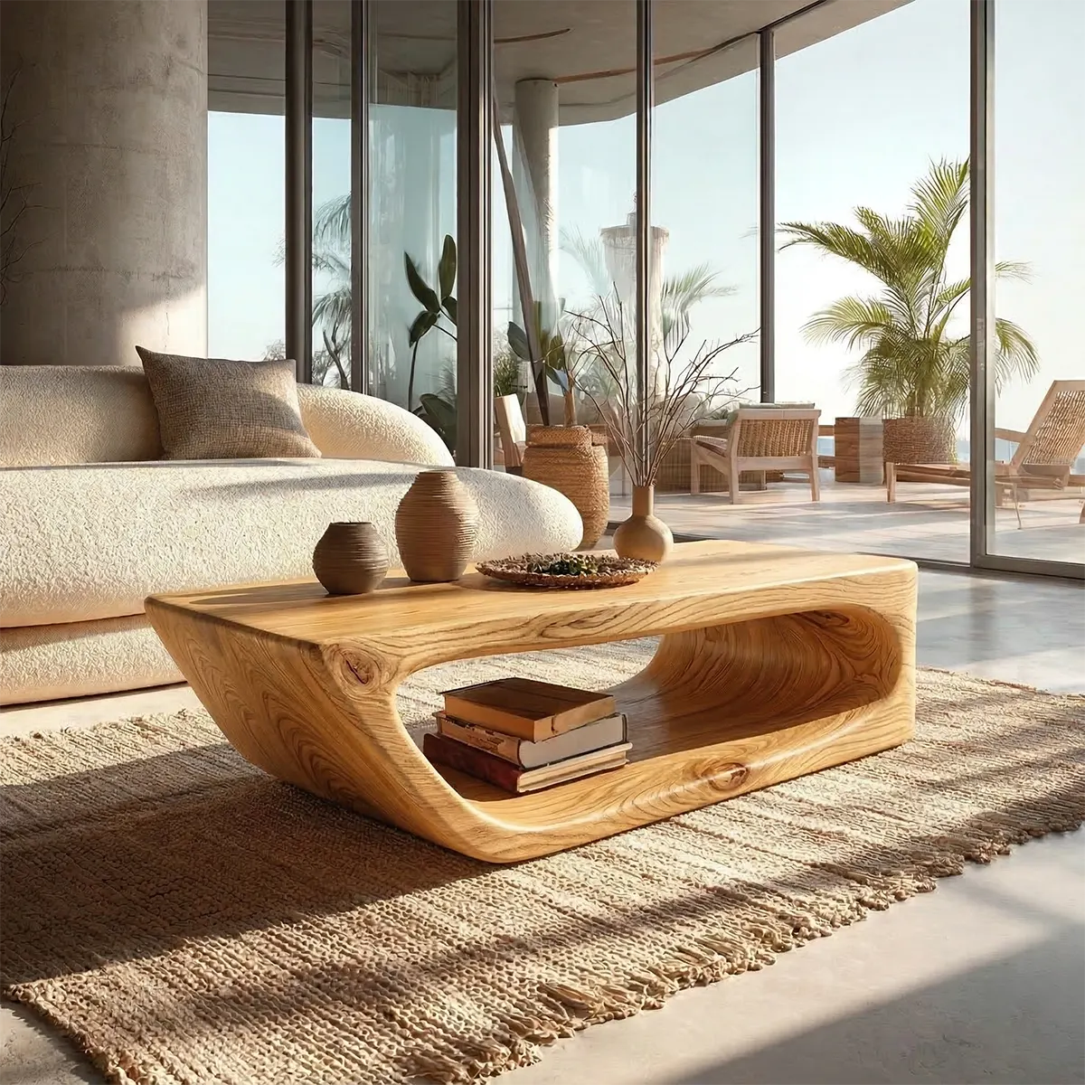 Modern Hollow Form Natural Solid Wood Coffee Table with Open Shelf - Rustiracraft 