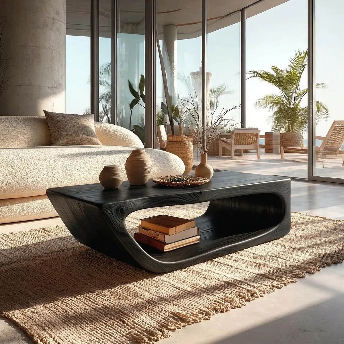 Modern Hollow Form Natural Solid Wood Coffee Table with Open Shelf - Rustiracraft 