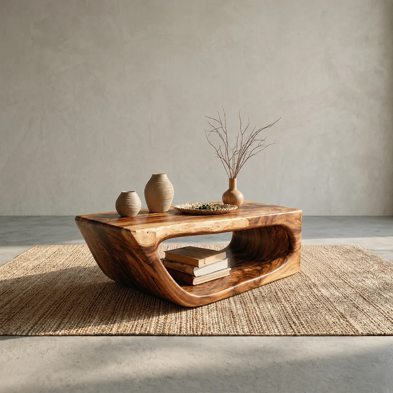 Modern Hollow Form Natural Solid Wood Coffee Table with Open Shelf - Rustiracraft