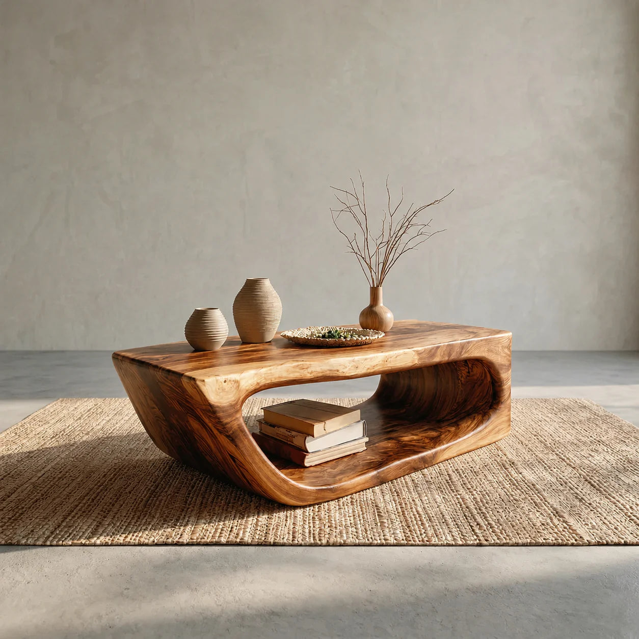 Modern Hollow Form Natural Solid Wood Coffee Table with Open Shelf - Rustiracraft