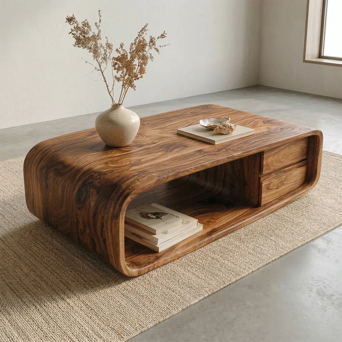 Modern Natural Solid Wood Coffee Table with Drawer and Open Shelf - Rustiracraft 