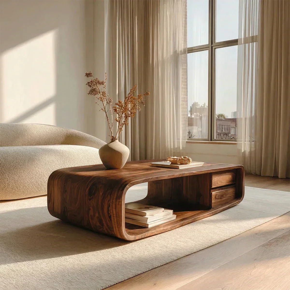Modern Natural Solid Wood Coffee Table with Drawer and Open Shelf - Rustiracraft 